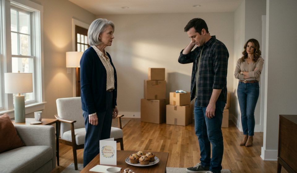 An older widowed mother firmly confronts her adult son in his new suburban living room while her daughter-in-law watches nearby.