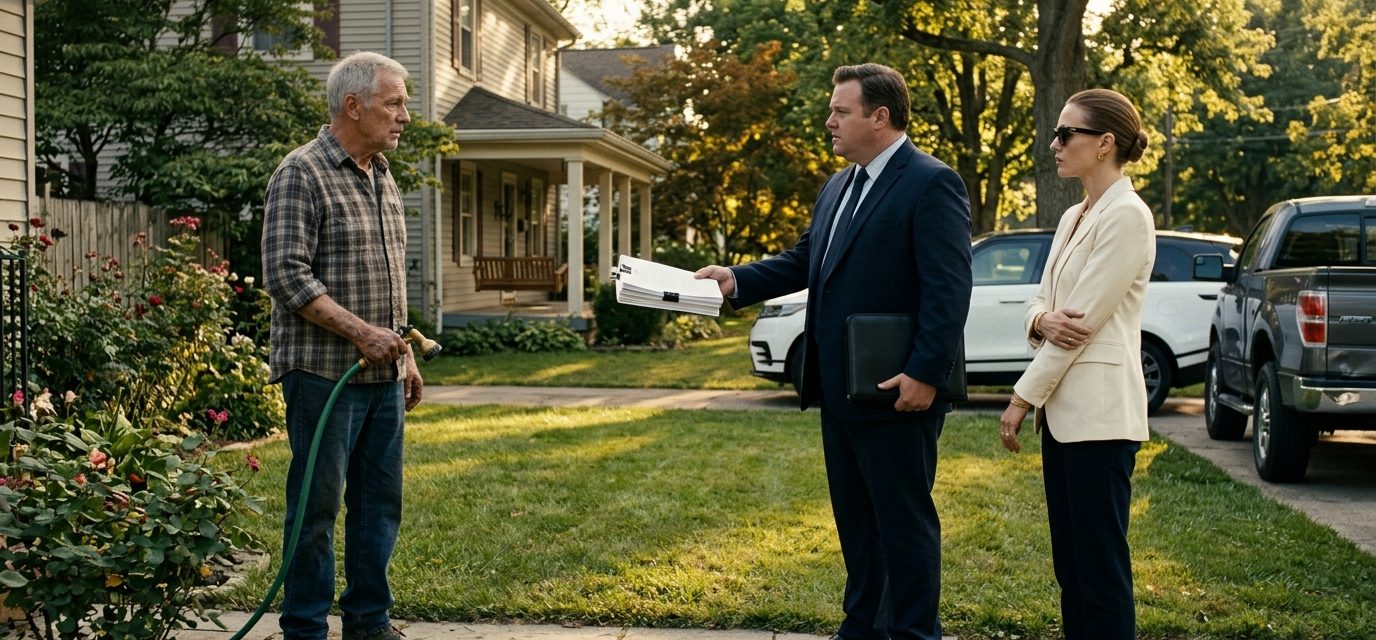 An elderly father stands outside his modest home as his newly married daughter-in-law and a suited stranger hand him mysterious legal documents.