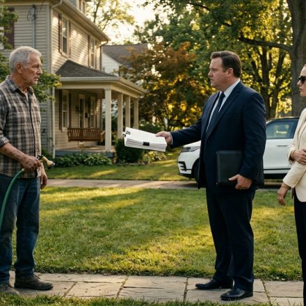 An elderly father stands outside his modest home as his newly married daughter-in-law and a suited stranger hand him mysterious legal documents.