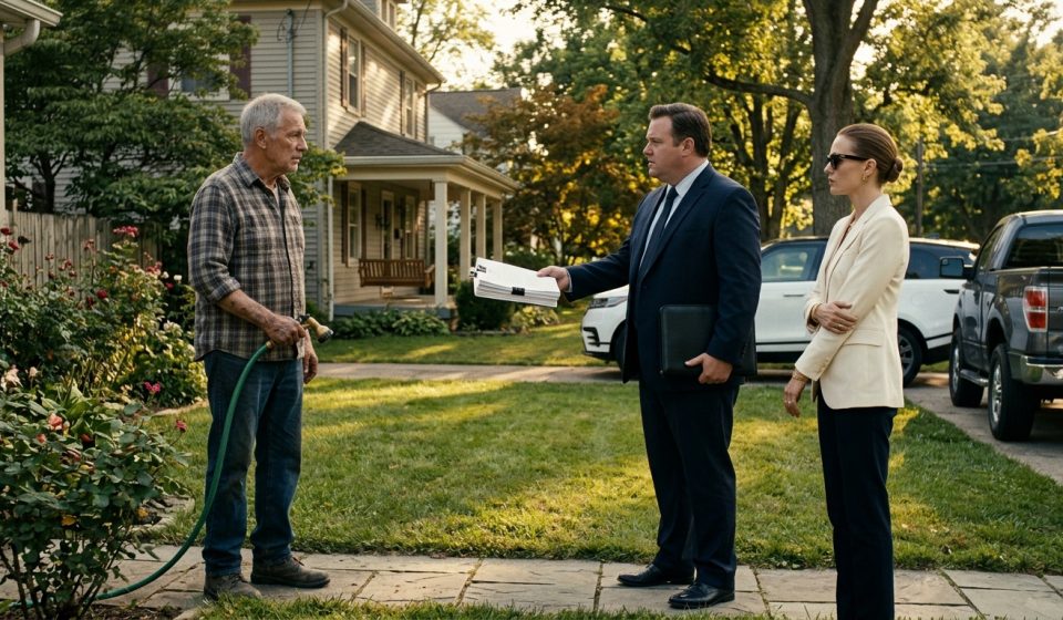 An elderly father stands outside his modest home as his newly married daughter-in-law and a suited stranger hand him mysterious legal documents.