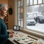 A 72-year-old mother watches her three adult children's cars waiting outside her locked gate during a snowy Christmas afternoon.