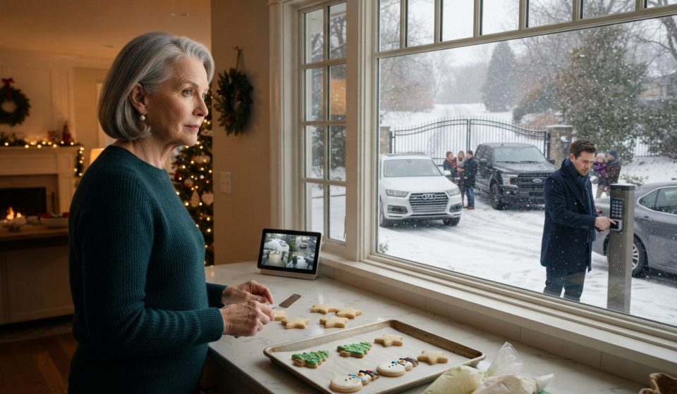 A 72-year-old mother watches her three adult children's cars waiting outside her locked gate during a snowy Christmas afternoon.