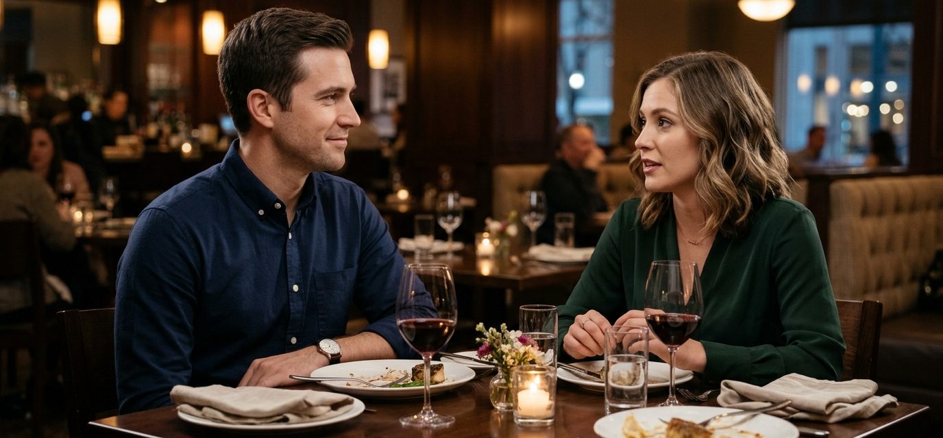 An engaged couple discusses a prenuptial agreement over dinner at an elegant restaurant, with the man smiling subtly while his fiancée speaks seriously.