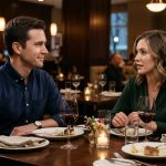 An engaged couple discusses a prenuptial agreement over dinner at an elegant restaurant, with the man smiling subtly while his fiancée speaks seriously.