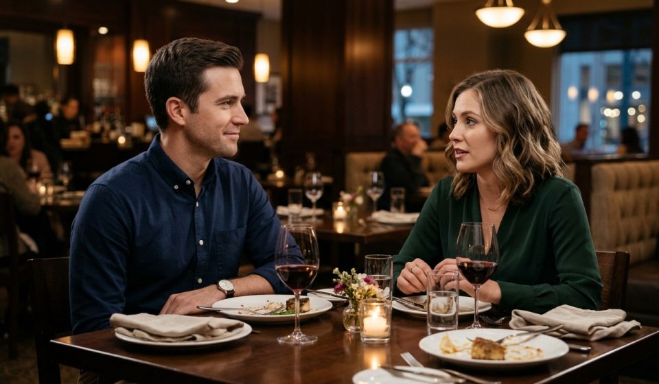 An engaged couple discusses a prenuptial agreement over dinner at an elegant restaurant, with the man smiling subtly while his fiancée speaks seriously.