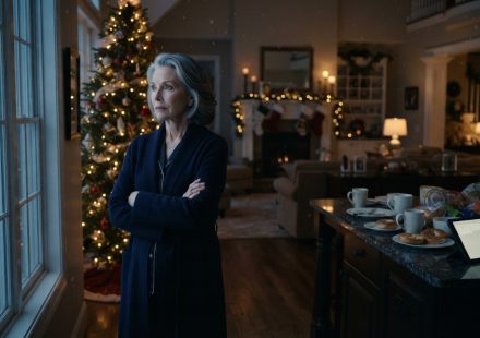 Older woman standing inside her empty Christmas home after her family left her alone on Christmas