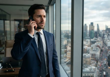 A successful real-estate investor standing in his high-rise office while receiving a disturbing phone call about ownership of his properties.