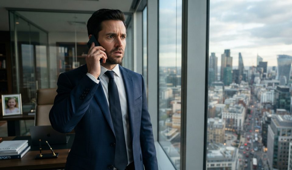 A successful real-estate investor standing in his high-rise office while receiving a disturbing phone call about ownership of his properties.