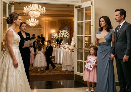 A mother and her five-year-old adopted daughter stand at a luxurious wedding entrance while the bride refuses to let the little girl enter the ballroom.