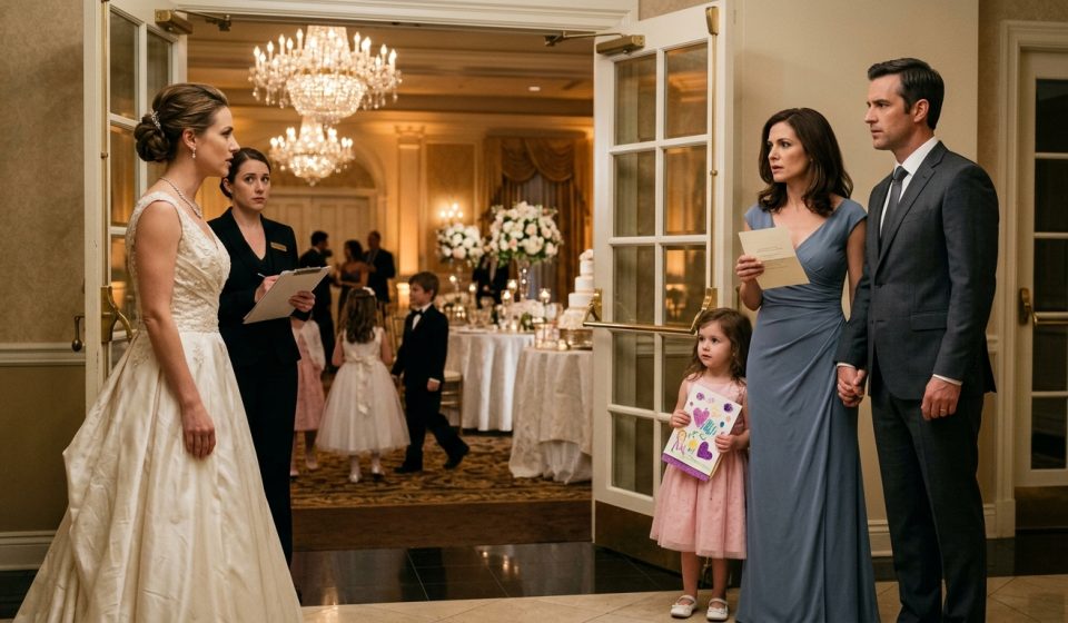 A mother and her five-year-old adopted daughter stand at a luxurious wedding entrance while the bride refuses to let the little girl enter the ballroom.