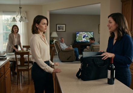 Two adult sisters stand tensely in a family kitchen beside a portable computer monitor and laptop bag as a promotion celebration turns uncomfortable.