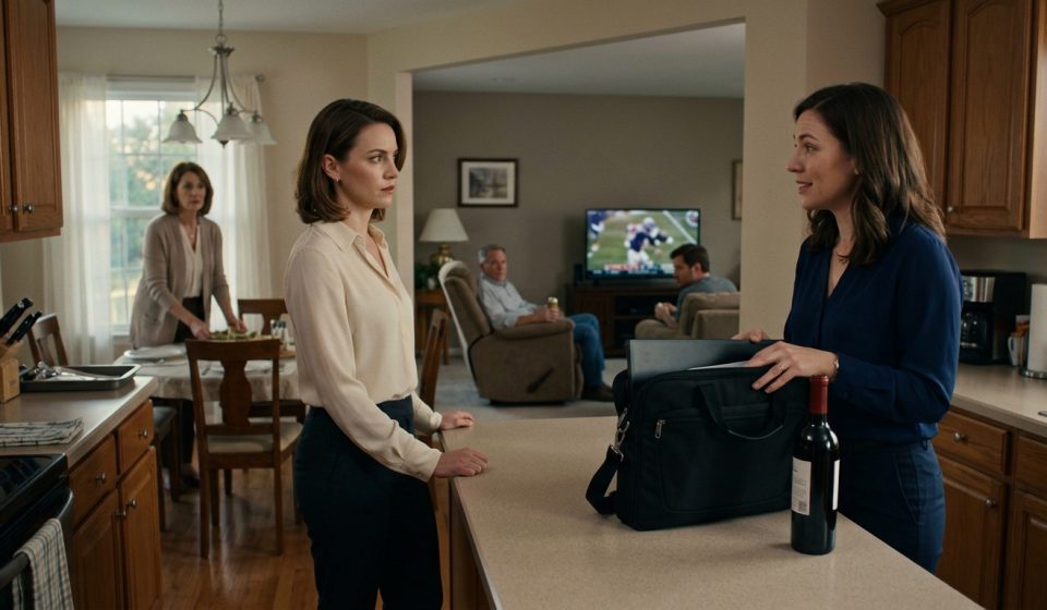Two adult sisters stand tensely in a family kitchen beside a portable computer monitor and laptop bag as a promotion celebration turns uncomfortable.
