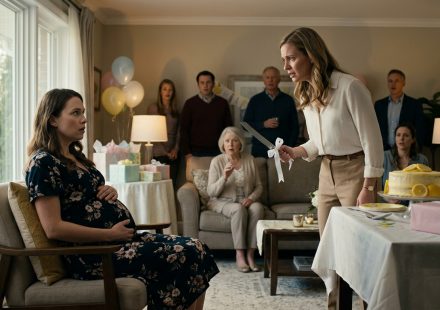 A pregnant woman sits in shock at her baby shower while her older sister holds a ribbon-decorated cake knife near the celebration table as relatives watch in alarm.