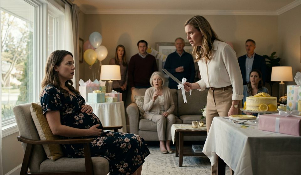 A pregnant woman sits in shock at her baby shower while her older sister holds a ribbon-decorated cake knife near the celebration table as relatives watch in alarm.