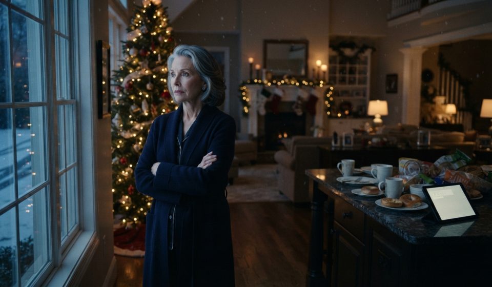 Older woman standing inside her empty Christmas home after her family left her alone on Christmas