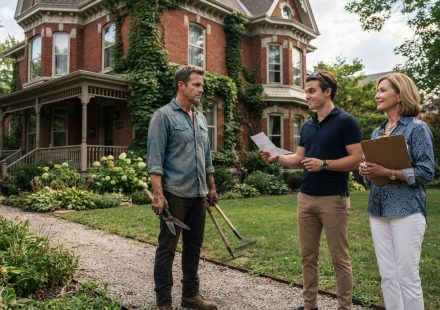Man confronting his mother and younger brother outside the historic Victorian house he inherited