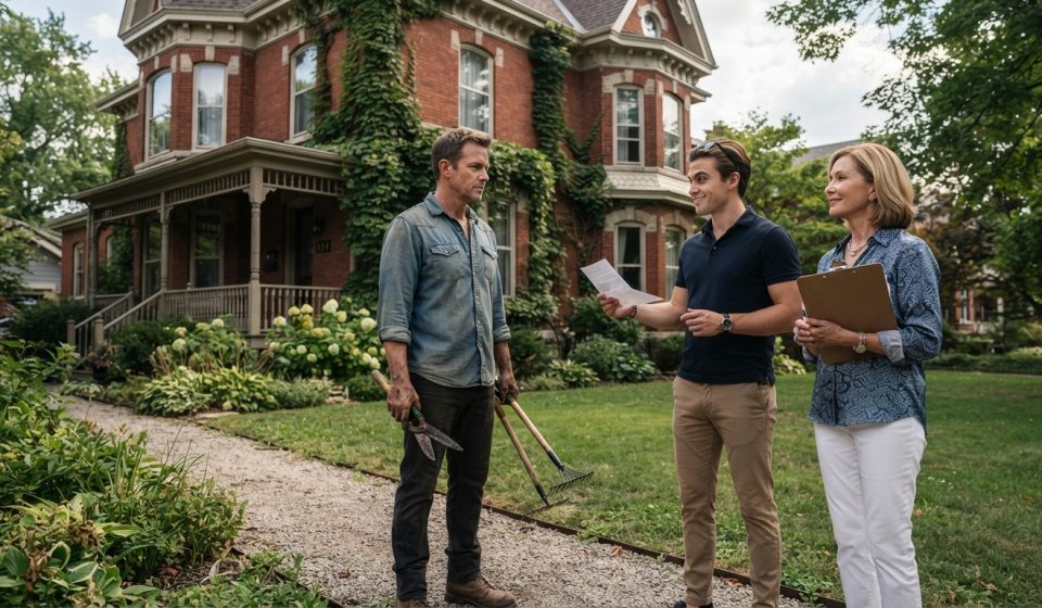 Man confronting his mother and younger brother outside the historic Victorian house he inherited