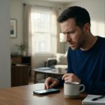 A shocked man sitting in his apartment on a Saturday morning, holding a smartphone after discovering an unexpected overdue loan payment.