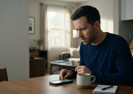 A shocked man sitting in his apartment on a Saturday morning, holding a smartphone after discovering an unexpected overdue loan payment.