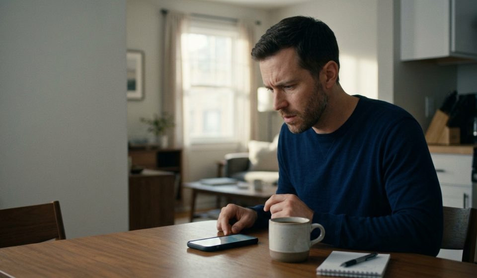 A shocked man sitting in his apartment on a Saturday morning, holding a smartphone after discovering an unexpected overdue loan payment.
