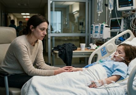An exhausted single mother holding her four-year-old daughter's hand beside a pediatric intensive care hospital bed, surrounded by medical monitoring equipment.