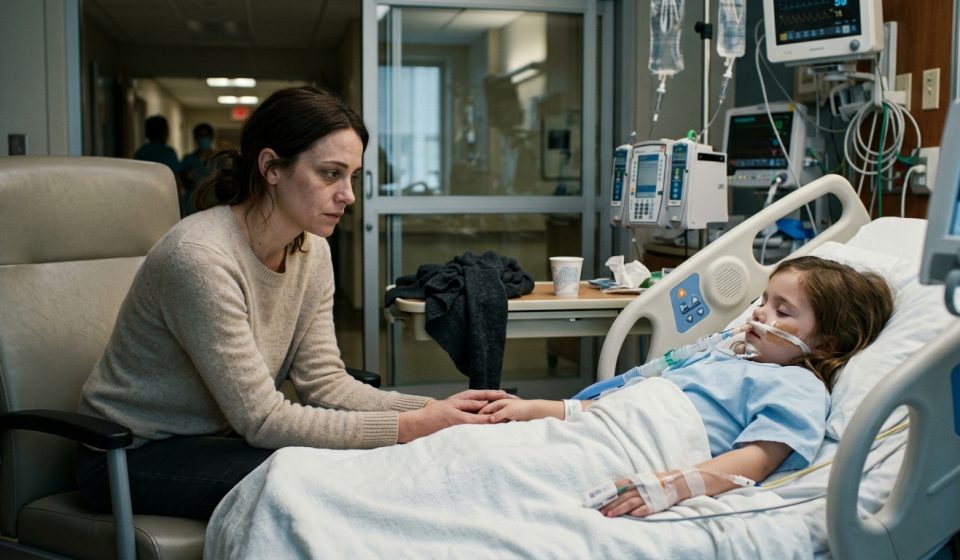 An exhausted single mother holding her four-year-old daughter's hand beside a pediatric intensive care hospital bed, surrounded by medical monitoring equipment.