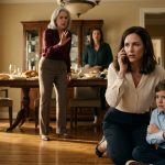A mother kneels protectively beside her injured seven-year-old son in a family dining room while his angry grandmother stands nearby.