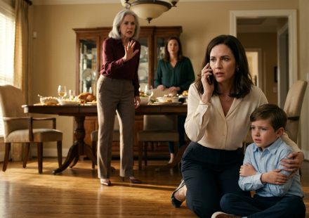 A mother kneels protectively beside her injured seven-year-old son in a family dining room while his angry grandmother stands nearby.