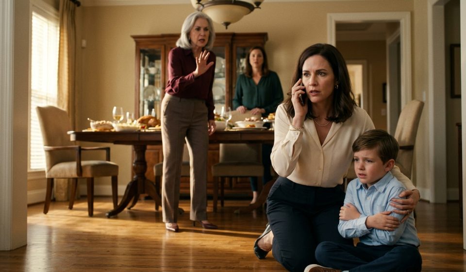 A mother kneels protectively beside her injured seven-year-old son in a family dining room while his angry grandmother stands nearby.