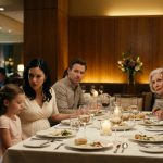 A shocked pregnant mother reaches toward her frightened five-year-old daughter as her angry sister throws a drink during a tense family dinner at a restaurant.