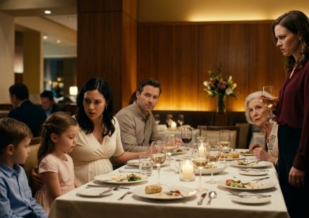 A shocked pregnant mother reaches toward her frightened five-year-old daughter as her angry sister throws a drink during a tense family dinner at a restaurant.