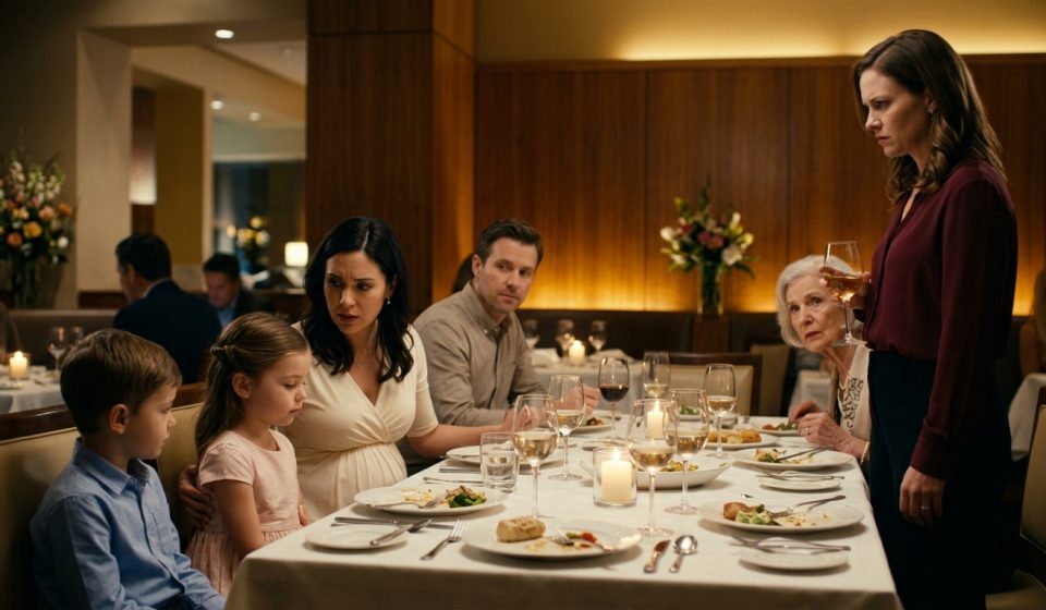 A shocked pregnant mother reaches toward her frightened five-year-old daughter as her angry sister throws a drink during a tense family dinner at a restaurant.
