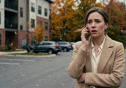 A twenty-seven-year-old professional woman standing alone in an autumn apartment parking lot in Vermont, staring at her phone after a painful conversation with her mother.
