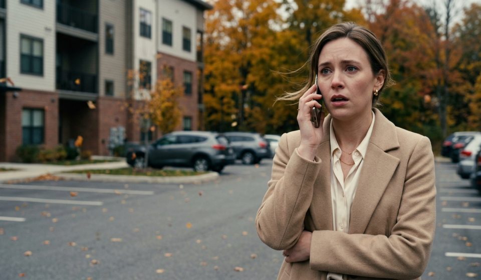 A twenty-seven-year-old professional woman standing alone in an autumn apartment parking lot in Vermont, staring at her phone after a painful conversation with her mother.