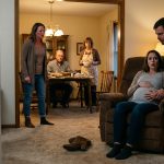 A pregnant woman protects her belly beside a brown recliner after her sister-in-law throws a suede boot at her during a family dinner.