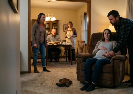 A pregnant woman protects her belly beside a brown recliner after her sister-in-law throws a suede boot at her during a family dinner.