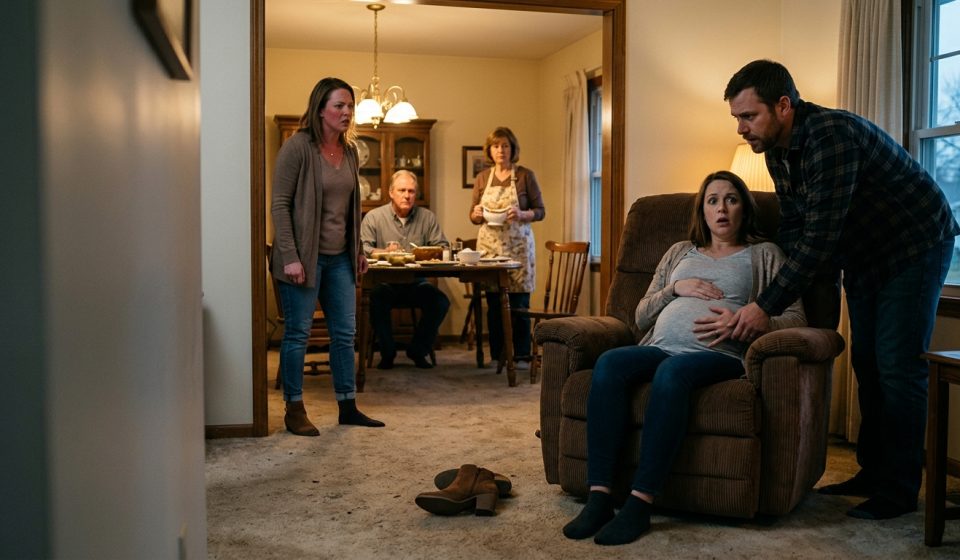 A pregnant woman protects her belly beside a brown recliner after her sister-in-law throws a suede boot at her during a family dinner.