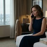 A distressed but composed 44-year-old woman sits on a hotel bed holding her phone beside an open folder of financial records after a painful family disagreement.