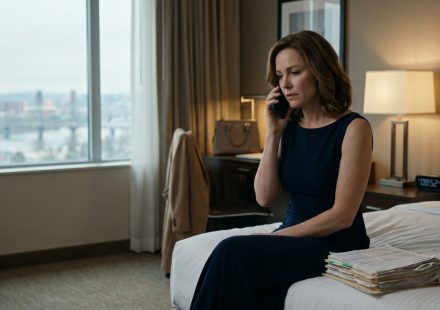 A distressed but composed 44-year-old woman sits on a hotel bed holding her phone beside an open folder of financial records after a painful family disagreement.