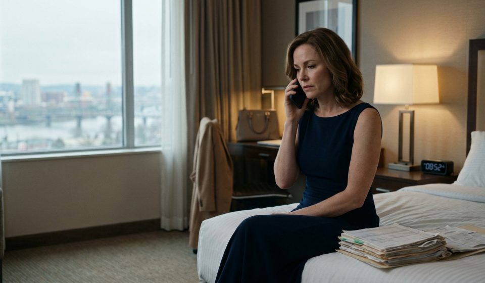 A distressed but composed 44-year-old woman sits on a hotel bed holding her phone beside an open folder of financial records after a painful family disagreement.
