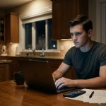 A nineteen-year-old man sits alone in his kitchen late at night, concentrating on a financial transfer displayed on his laptop.