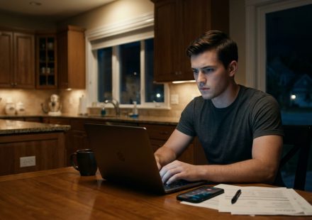 A nineteen-year-old man sits alone in his kitchen late at night, concentrating on a financial transfer displayed on his laptop.
