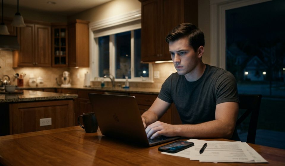 A nineteen-year-old man sits alone in his kitchen late at night, concentrating on a financial transfer displayed on his laptop.