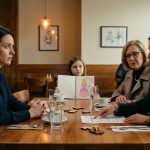 A restaurant owner looks stunned as her younger sister points at a wedding catering estimate, while their mother approves and a young girl draws nearby.