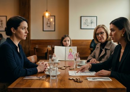 A restaurant owner looks stunned as her younger sister points at a wedding catering estimate, while their mother approves and a young girl draws nearby.