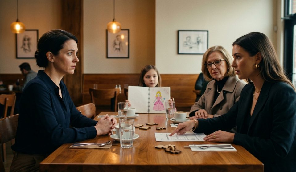 A restaurant owner looks stunned as her younger sister points at a wedding catering estimate, while their mother approves and a young girl draws nearby.