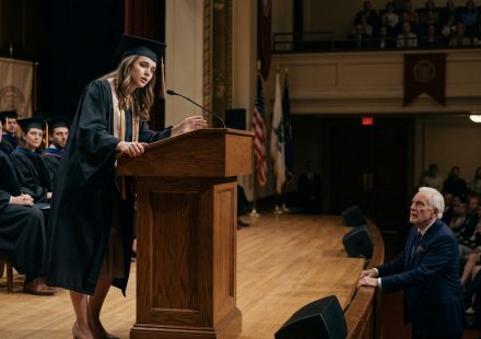 A young woman collapsed at my graduation ceremony scene, losing her balance at the podium as shocked graduates and audience members watch.