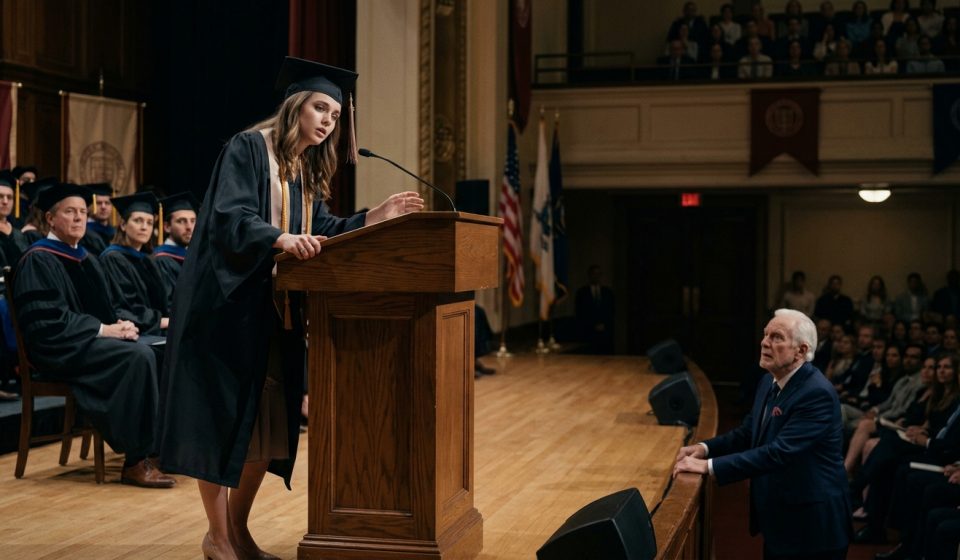 A young woman collapsed at my graduation ceremony scene, losing her balance at the podium as shocked graduates and audience members watch.