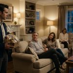 A stunned man holding a gift basket stands in his parents' living room while his father smiles cruelly and his sister grins during a tense family reunion discussion.