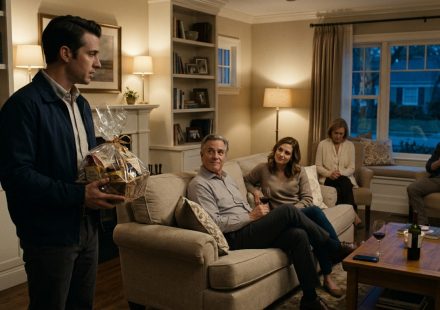 A stunned man holding a gift basket stands in his parents' living room while his father smiles cruelly and his sister grins during a tense family reunion discussion.